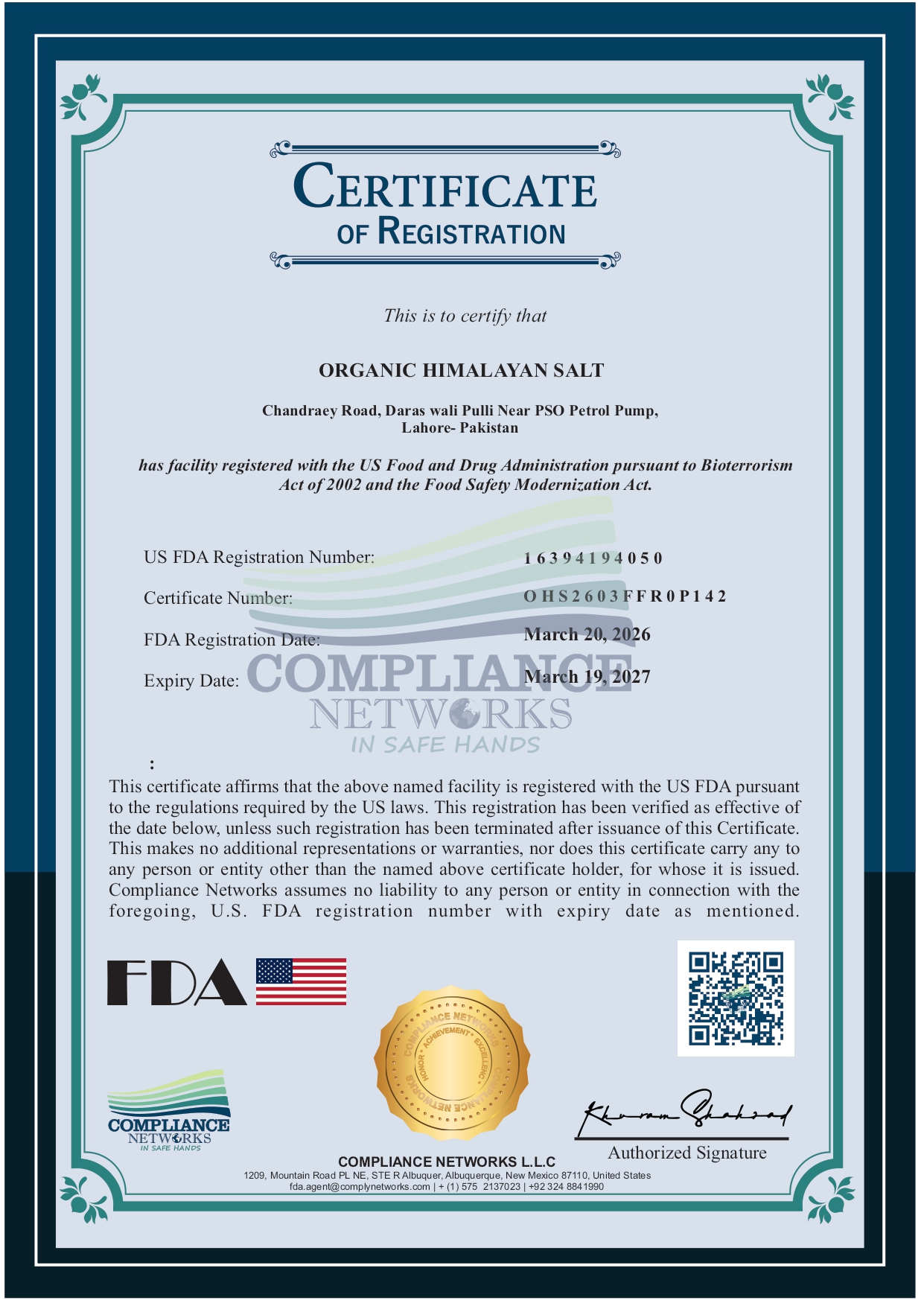 FDA Certificate Organic Himalayan Salt